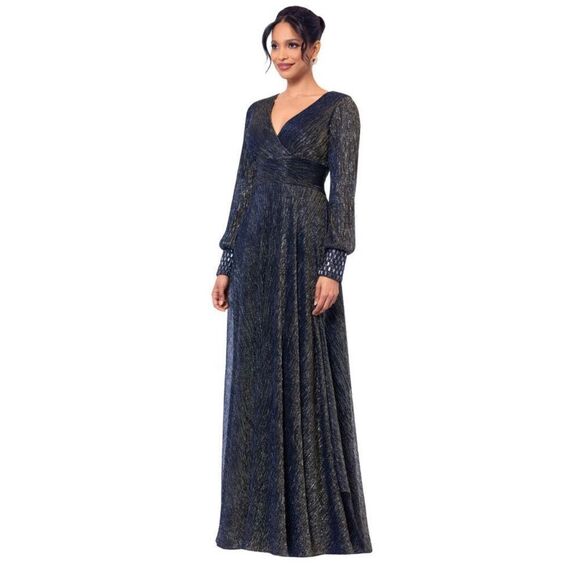 NEW Betsy & Adam Clarise Long Sleeve Pleated Metallic Navy Gown - Picture 1 of 9